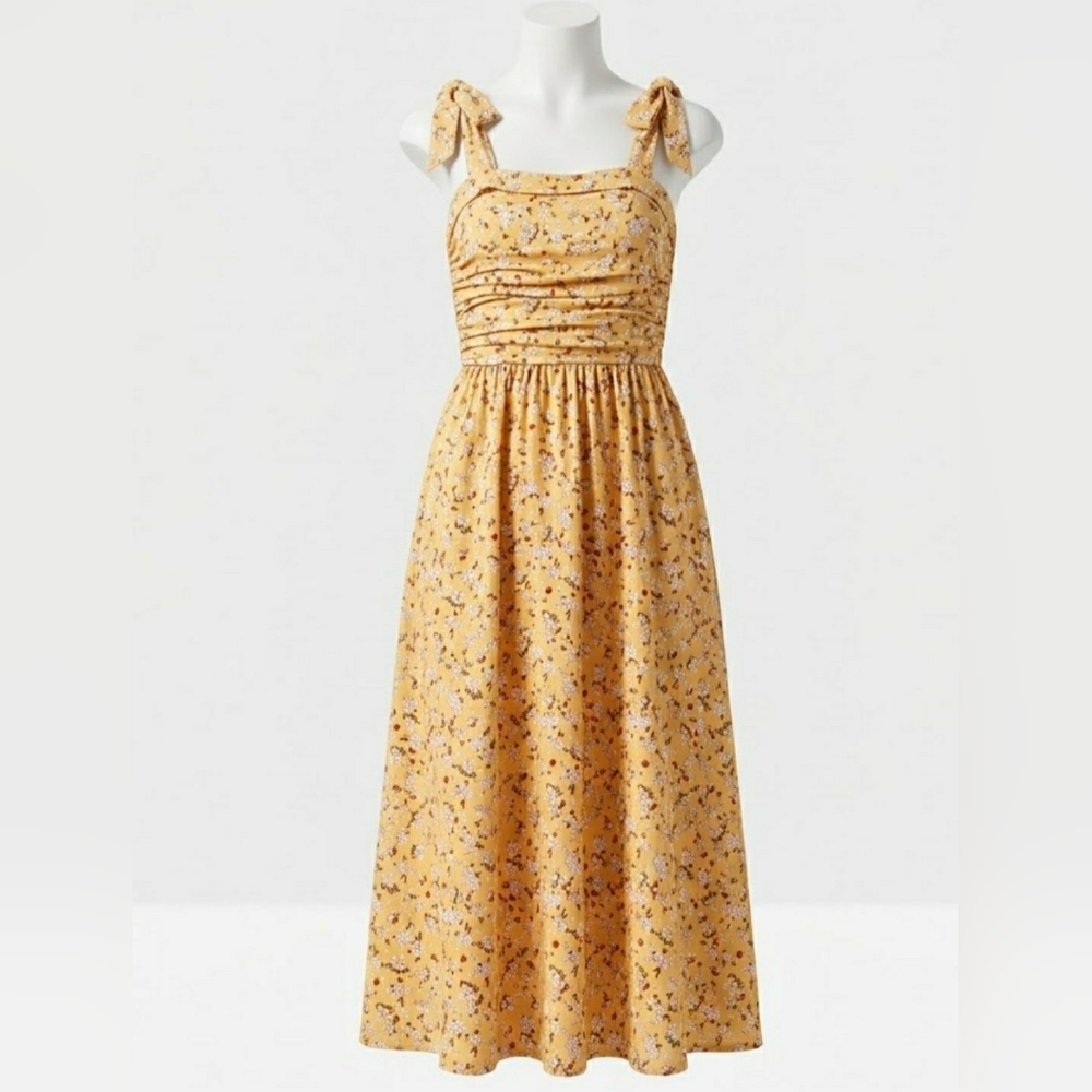 Zattcas Yellow Floral Ruched Tie-Strap Maxi Dress Medium
